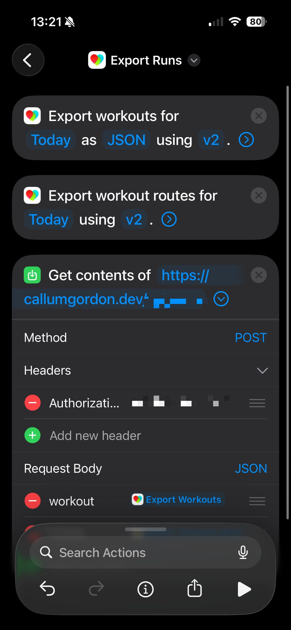 The Export Runs shortcut: export the workout and route as JSON, then POST them to my own endpoint.